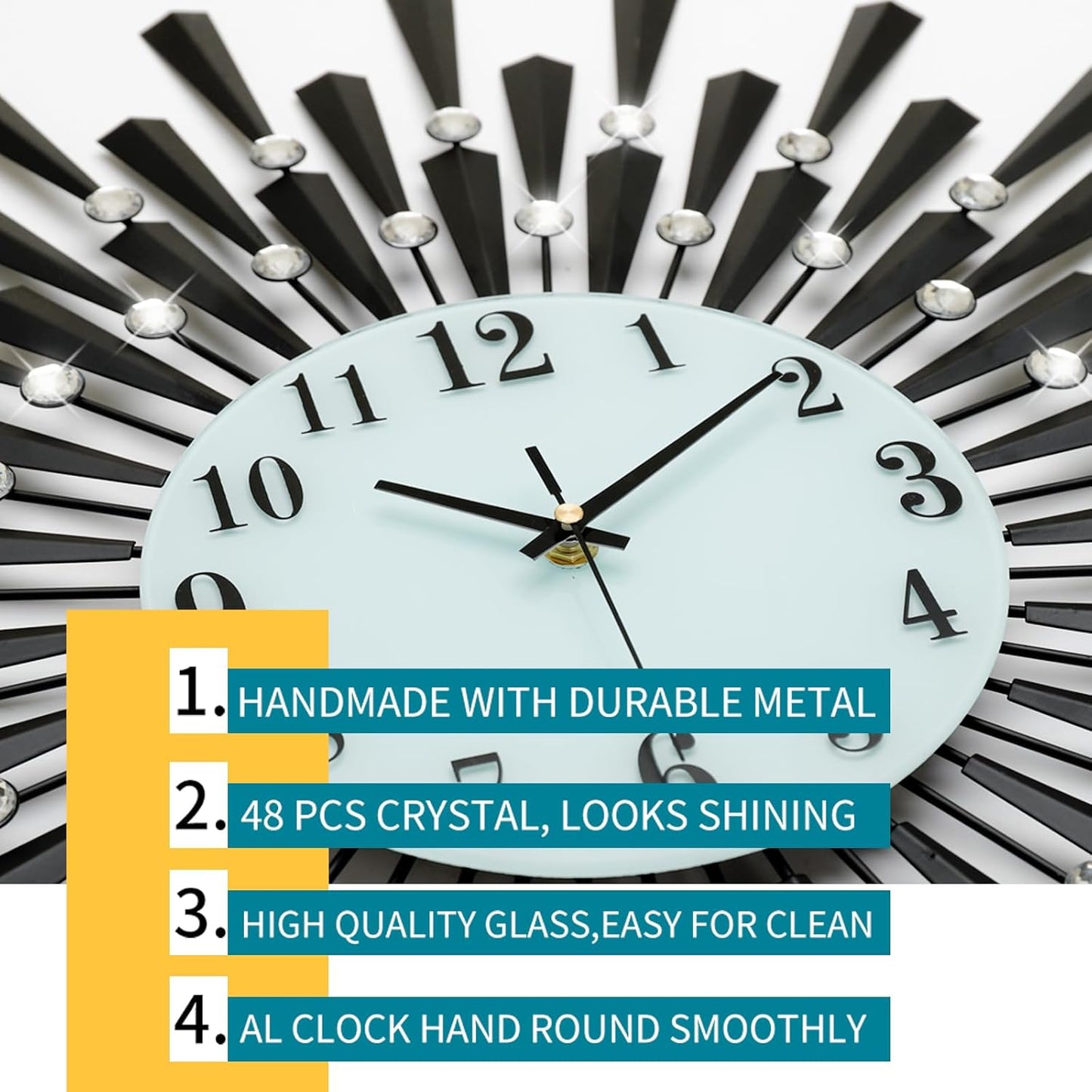 Premium Black Crystal Metal Wall Clock – Silent Sweep, Modern Home Décor