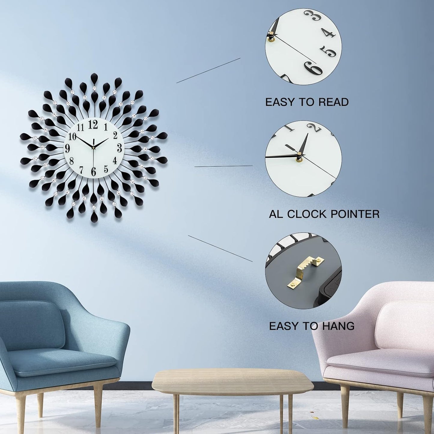 Diamonds Metallic Wall Clock Black