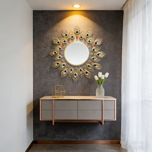 Mirror with a Golden Peacock Feather Design - The1000BC